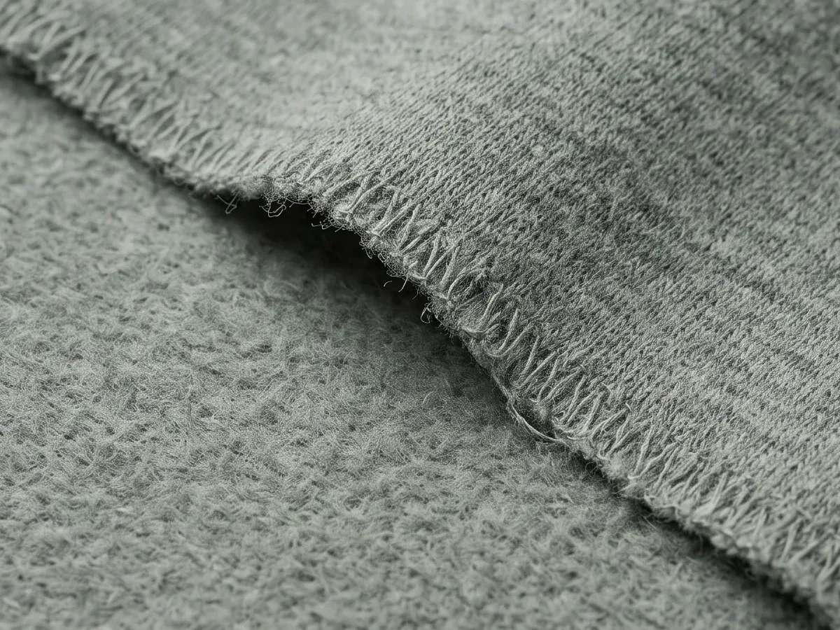 Close view of a brushed grey-green body cloth with a raw cut edge