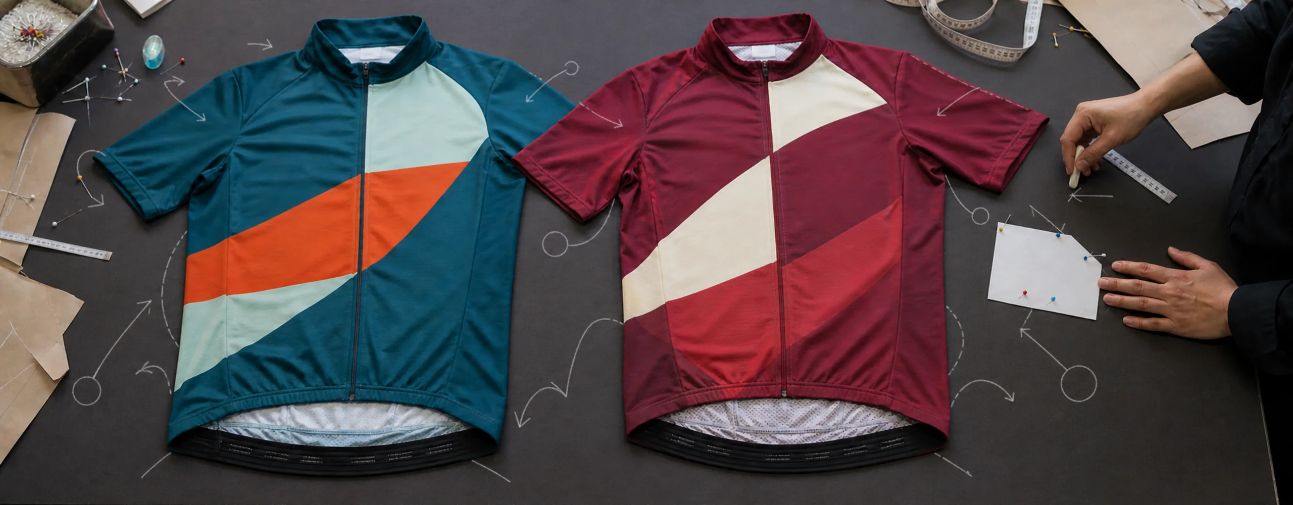 Two jerseys of the same style in different colourways laid flat side by side on a dark table with chalk arrows around them