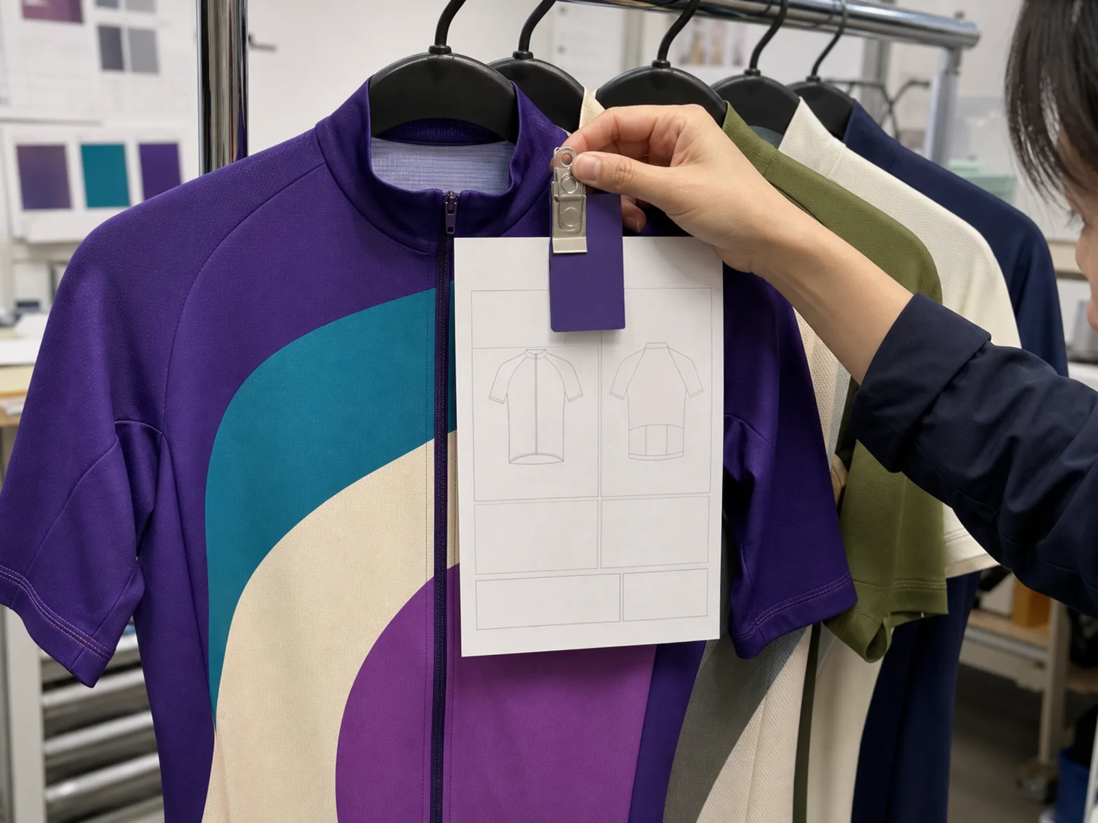 A hand clipping a blank specification sheet to a hanging sample garment