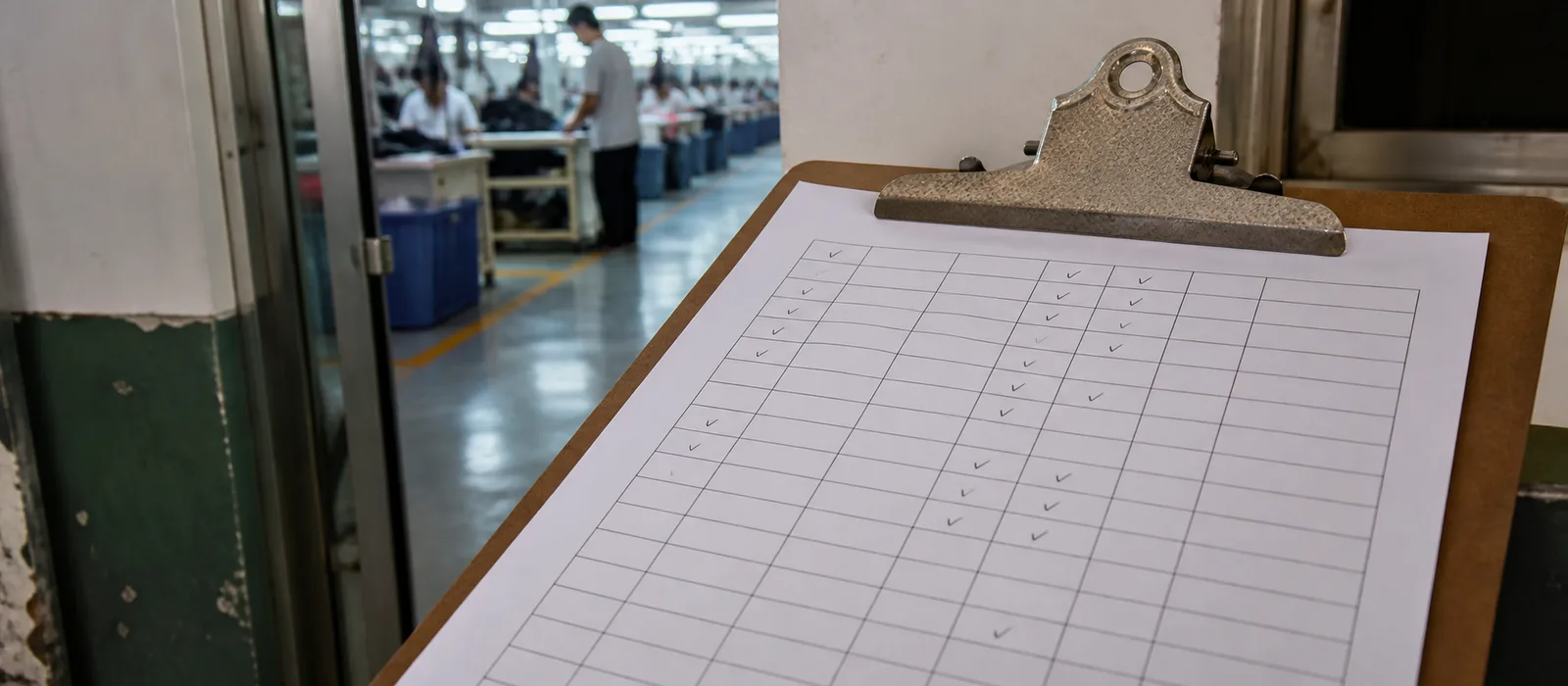 A clipboard holding a blank tick-grid sheet, with a sewing floor visible through the doorway behind