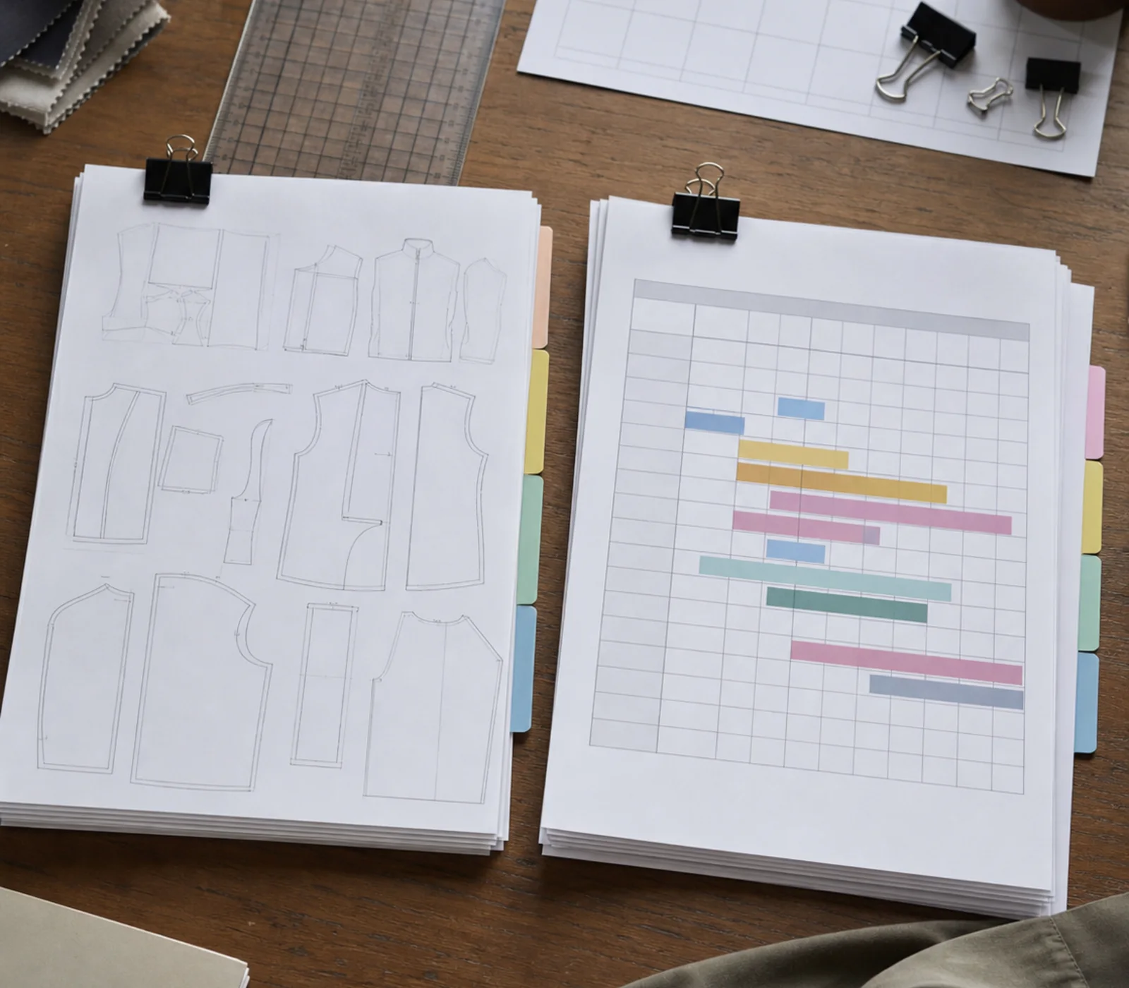 Two clipped stacks of paper side by side: pattern-piece drawings and a wordless production schedule grid