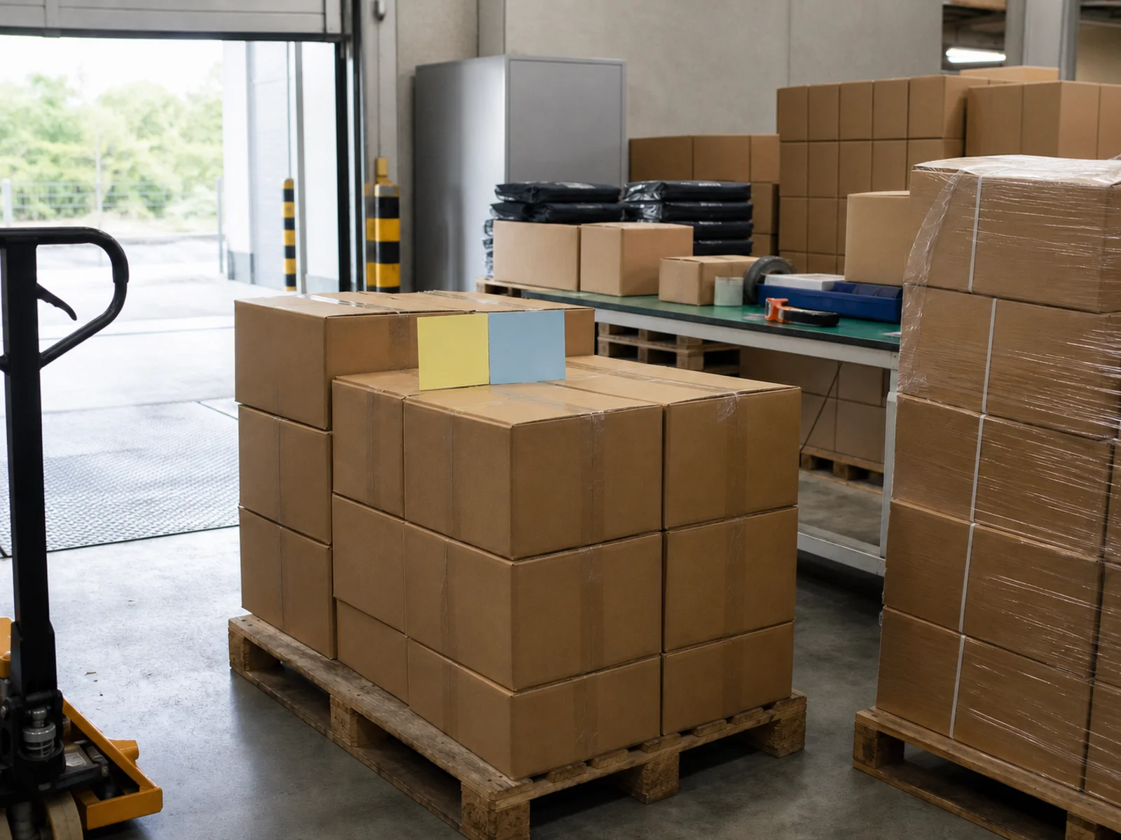 Stacked and wrapped cartons on a pallet beside a loading door