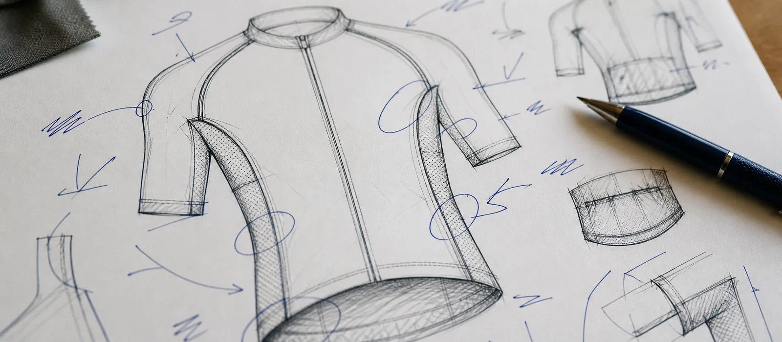 A printed cycling garment sketch covered in blue pen circles and arrows