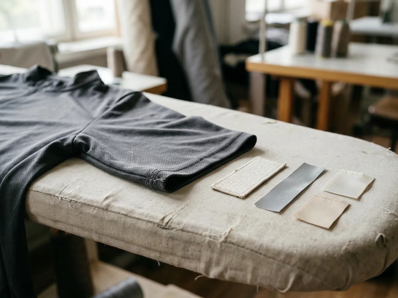 A jersey sleeve on a padded pressing table with a blank embroidered patch, reflective tape and blank woven labels