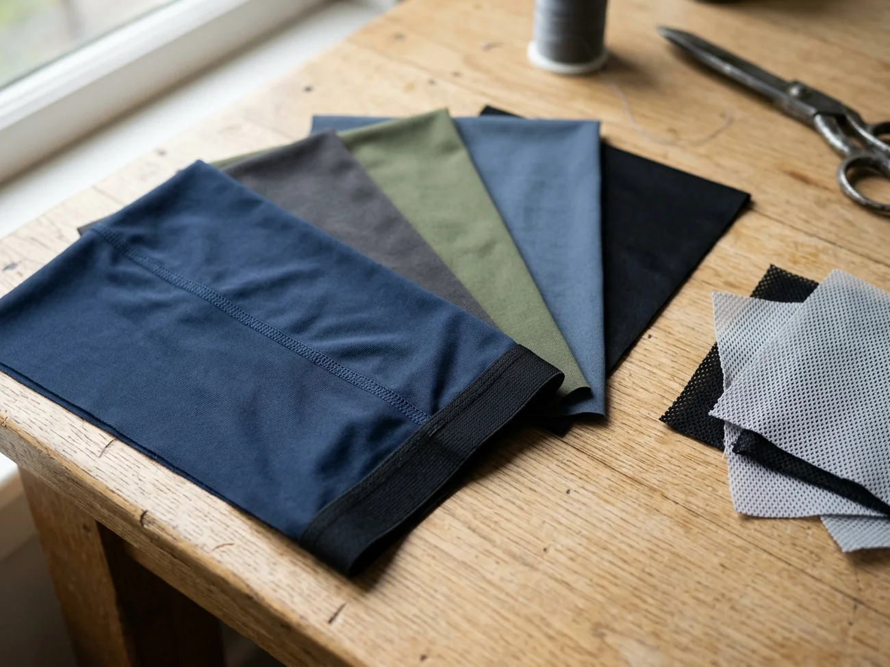 Performance stretch knit swatches fanned on a bench with a flatlock seam, an elastic band and athletic mesh offcuts