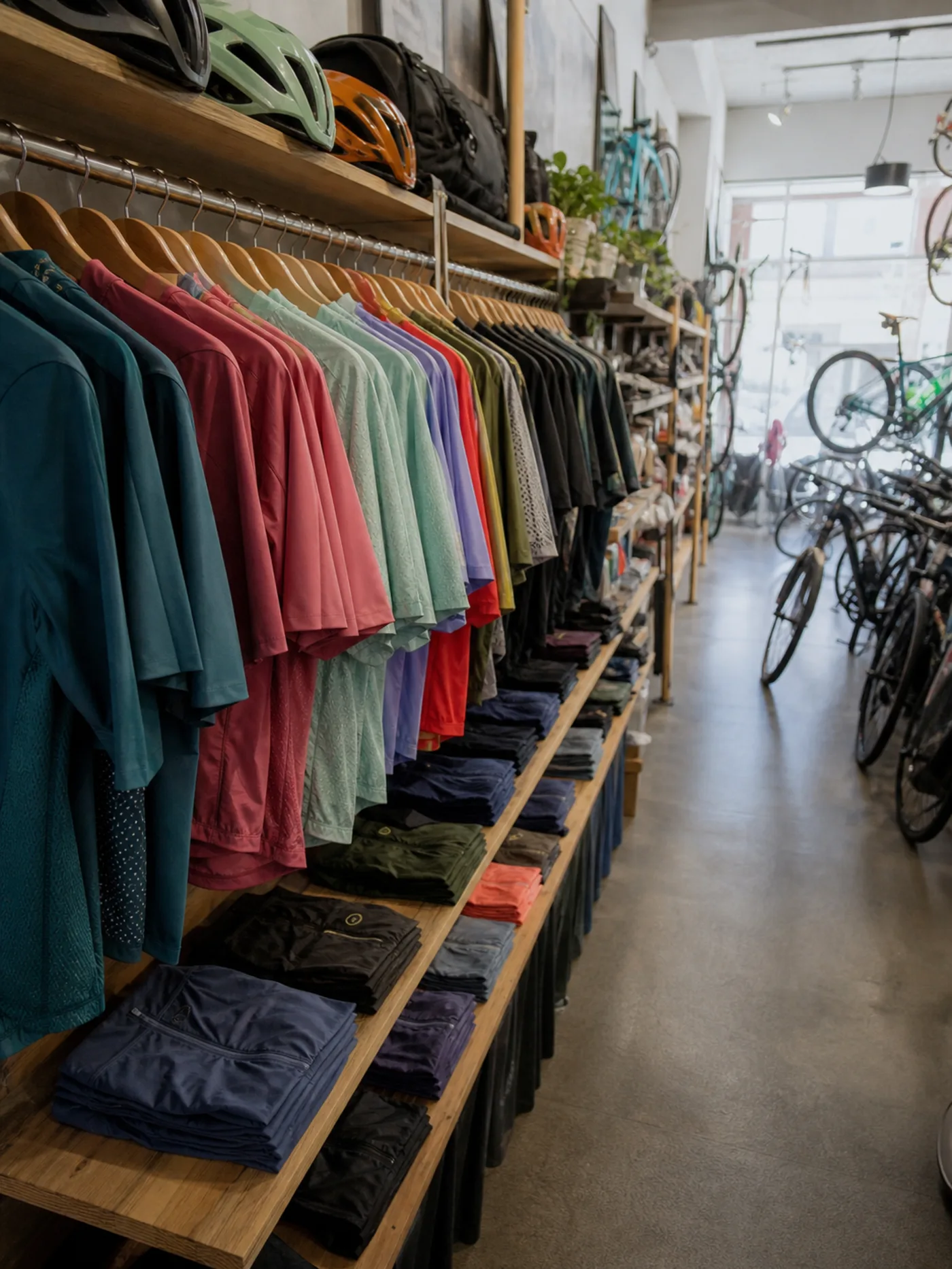 A bike shop interior with cycling apparel folded on timber shelving in the foreground and bikes racked behind