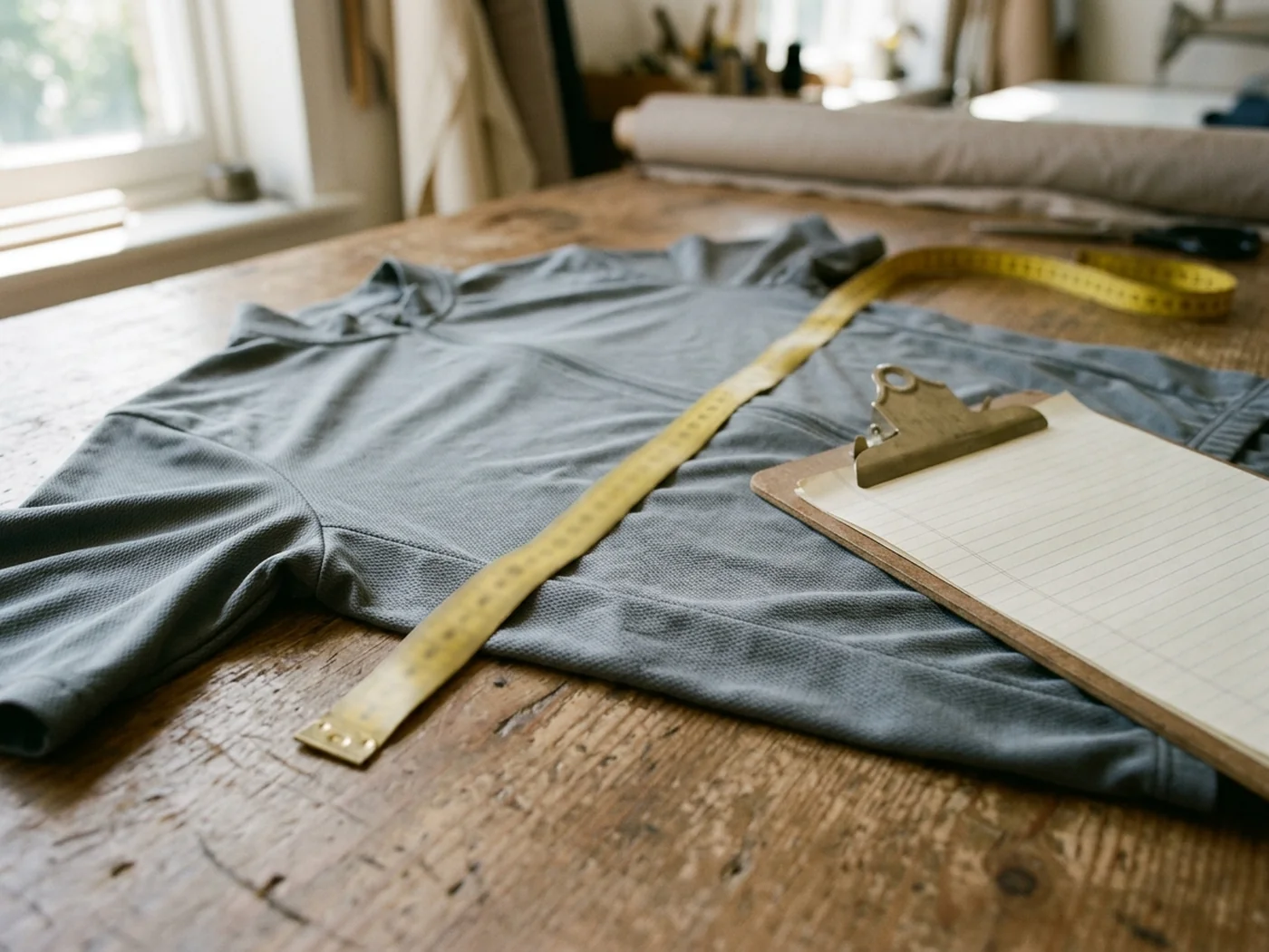 A grey performance-knit jersey laid flat with a tape measure across the chest and a clipboard holding a blank ruled sheet