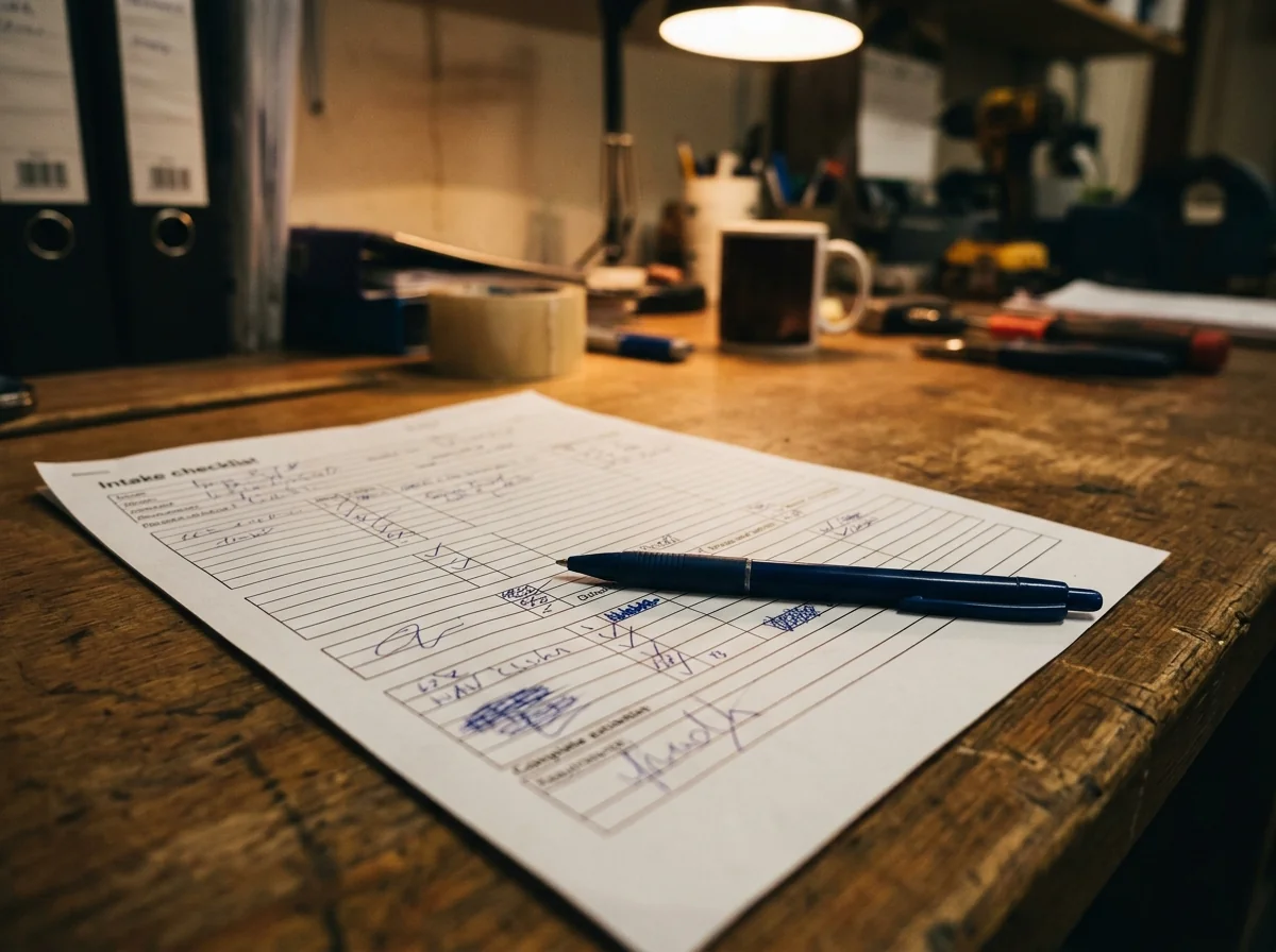 A handwritten intake checklist on a workbench with a pen resting on it