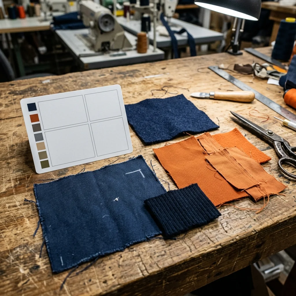 A plain colour reference card standing beside fabric panels on a workbench