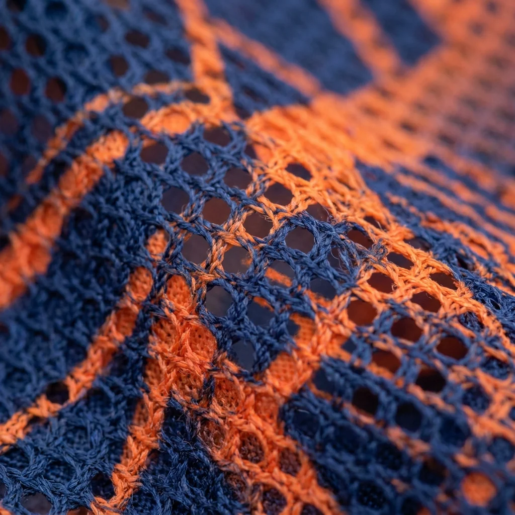 Macro of printed artwork on an open mesh knit, the holes breaking up fine lines
