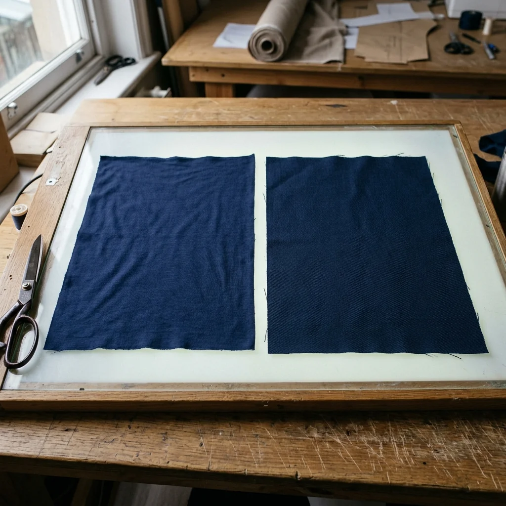 Two navy fabric panels of different weave laid side by side on a lightbox