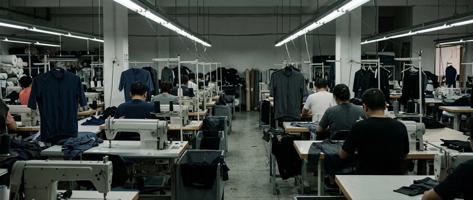 A sewing floor with cycling jerseys on forms along the machine lines