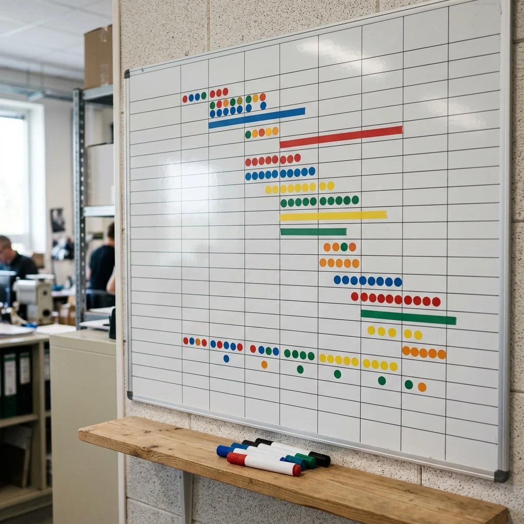 A planning board with coloured lanes and markers running across dated columns