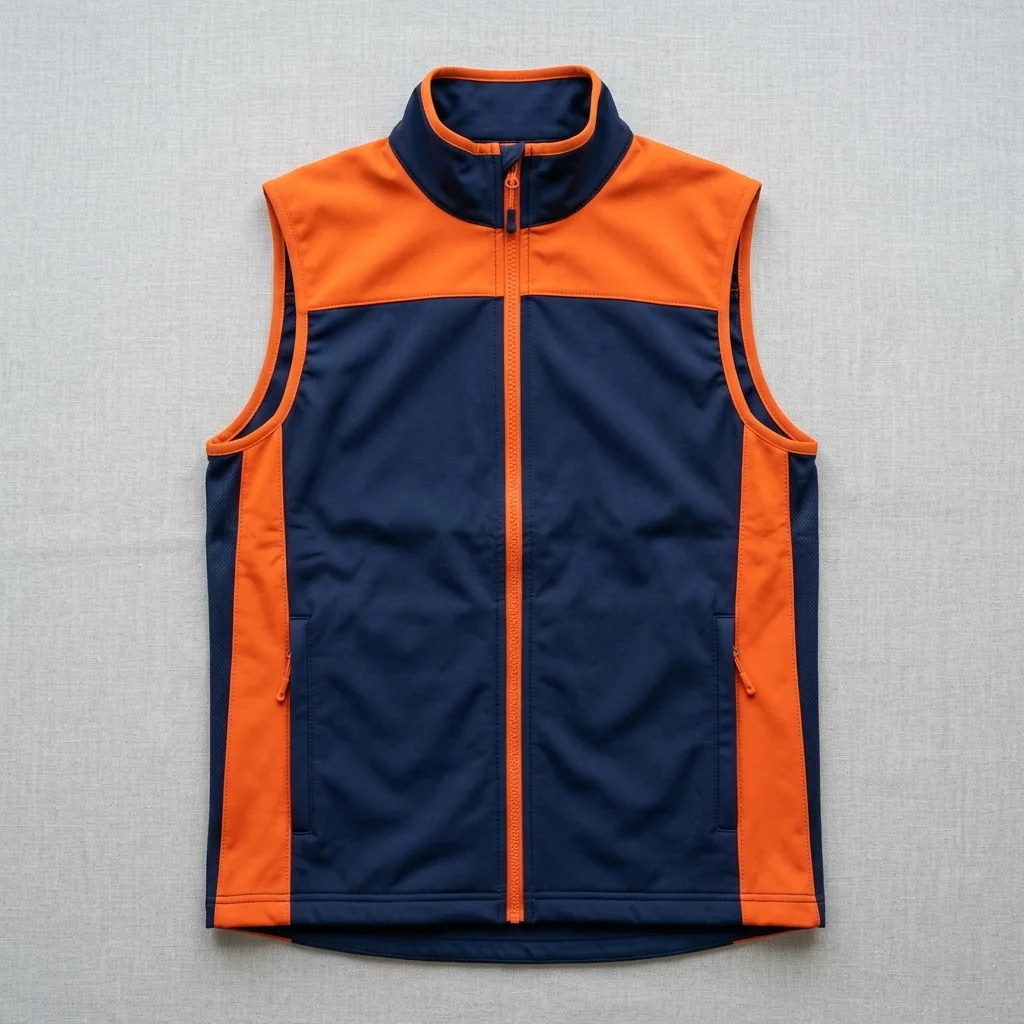 A sleeveless cycling vest laid flat, full-length zip and panelled sides