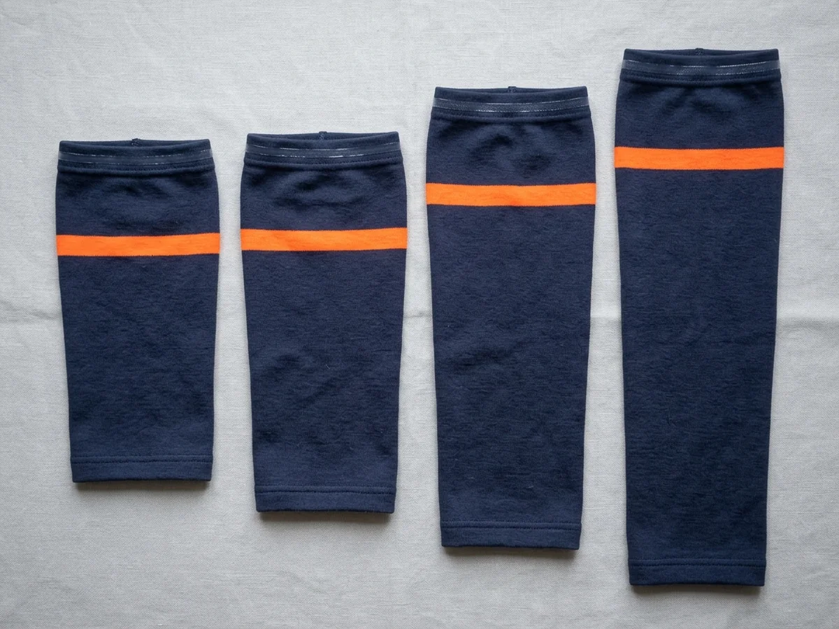 A pair of arm warmers and a pair of leg warmers laid flat side by side on a plain surface