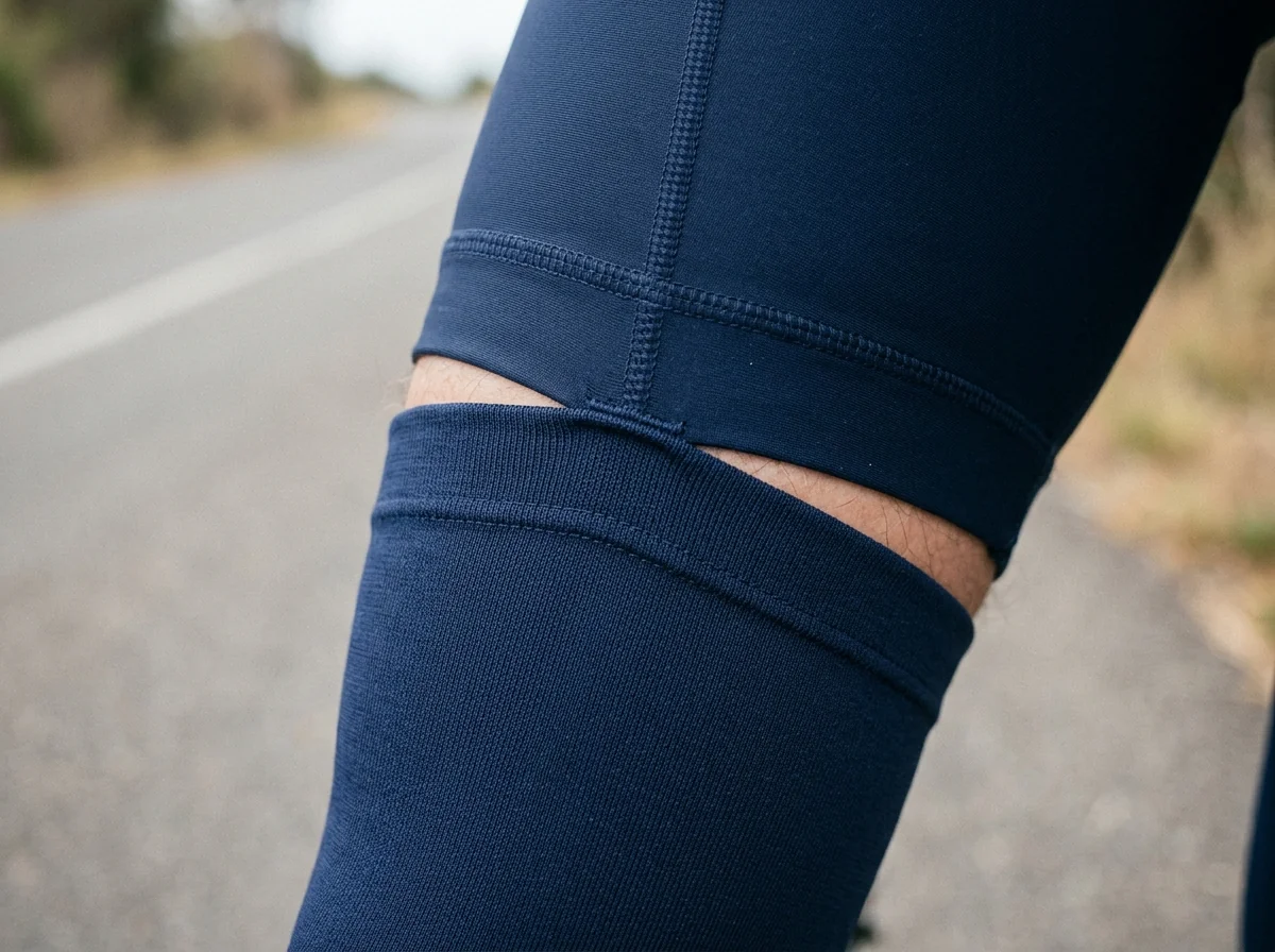 A gap opening between a leg warmer's top edge and a short hem on a rider