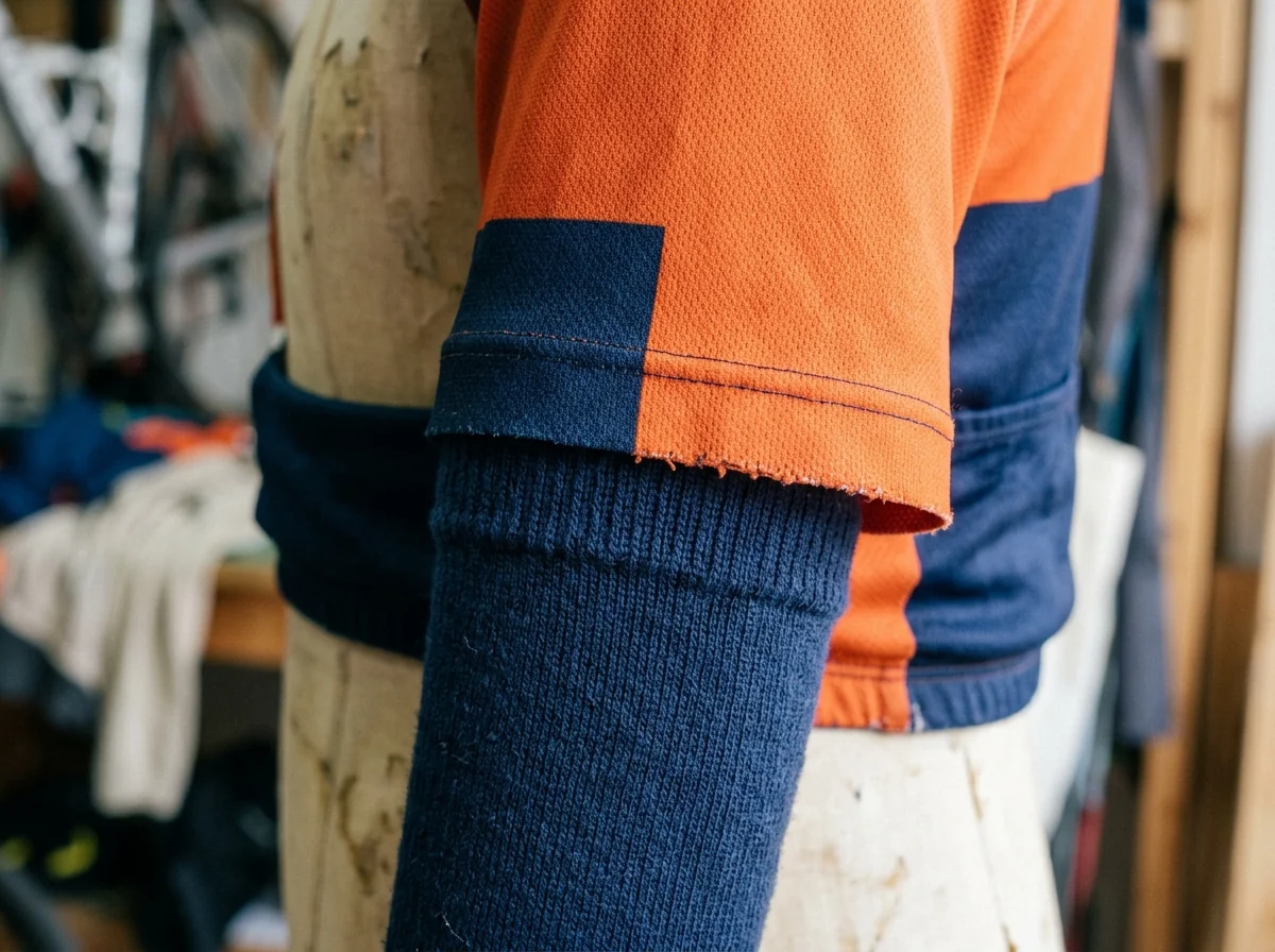 An arm warmer's top edge sitting under a jersey sleeve cuff on a dress form