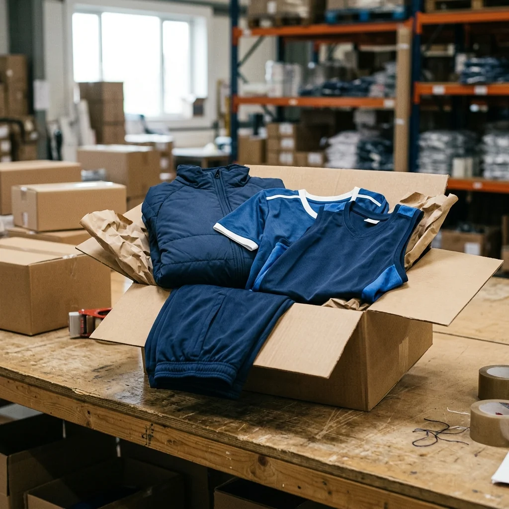 A carton on a packing bench holding a jacket, a jersey and a base layer