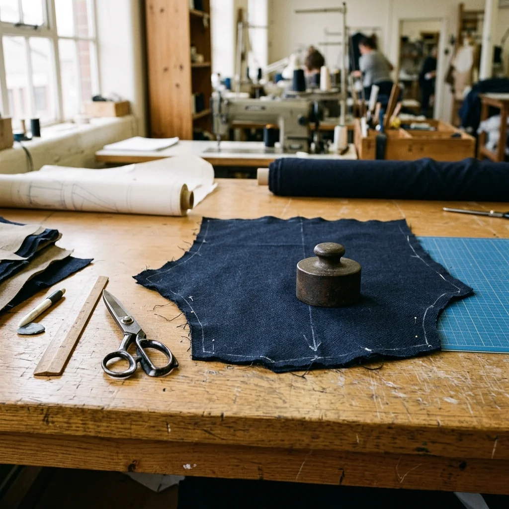 A navy panel chalk-marked on a cutting table beside shears and a pattern roll