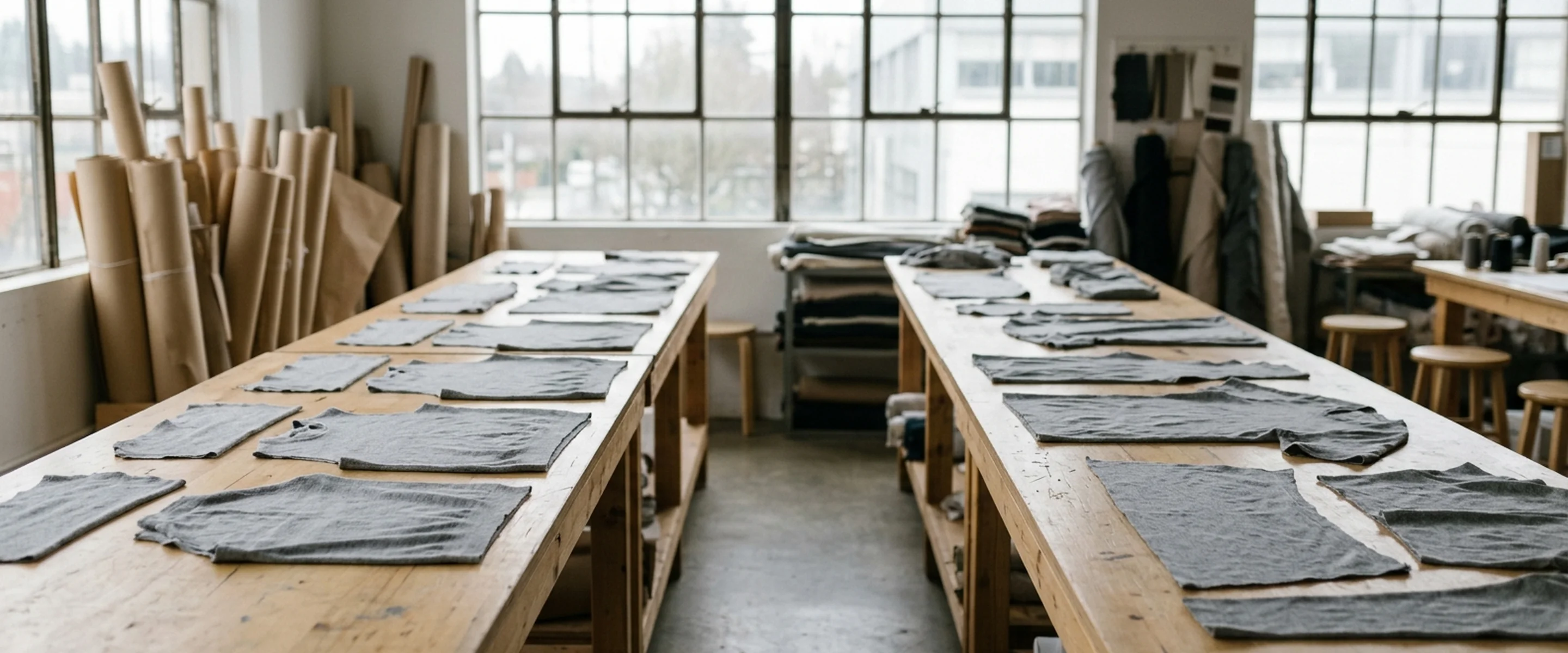 Apparel development room with grey knit garment panels laid out along long wooden worktables and rolls of pattern paper standing at the far end