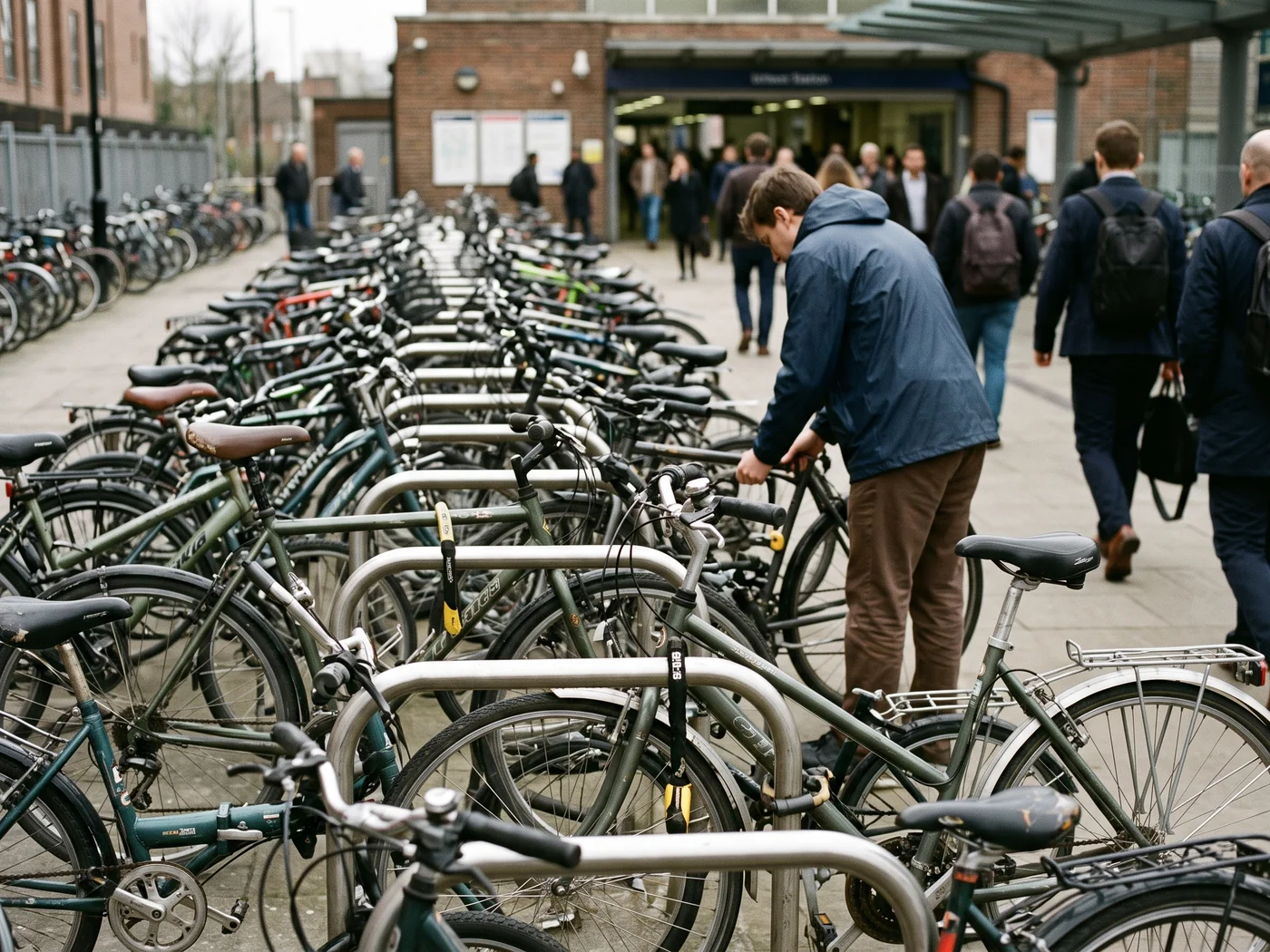 Ranks of commuter bicycles parked at a transit interchange on a weekday