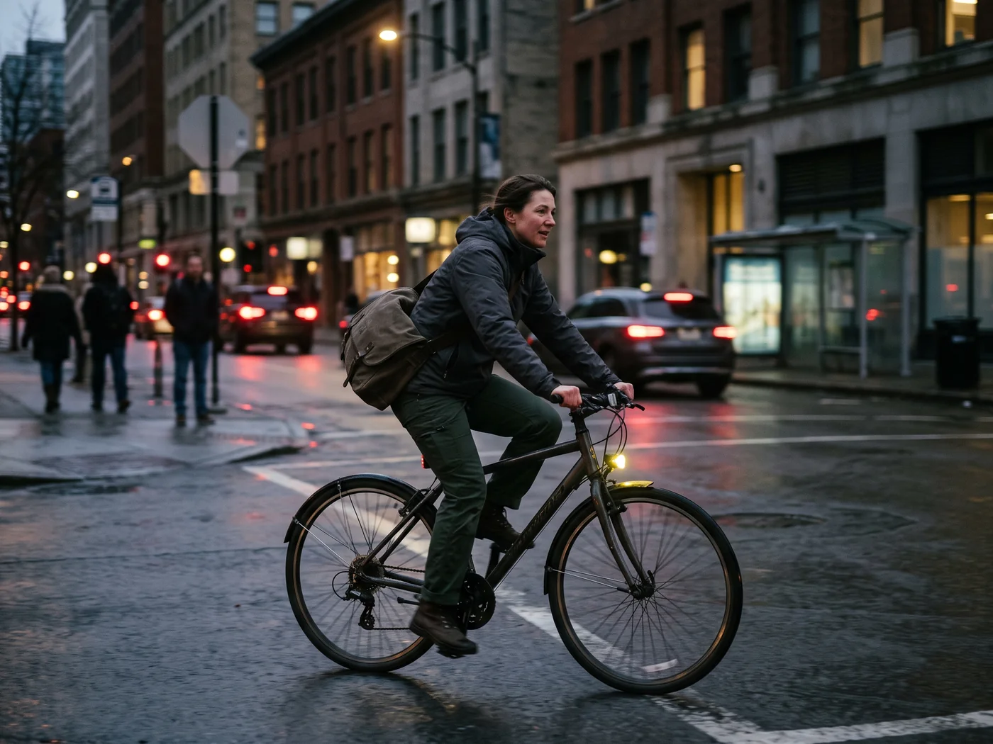 A rider crossing a city street in the low light of a winter evening