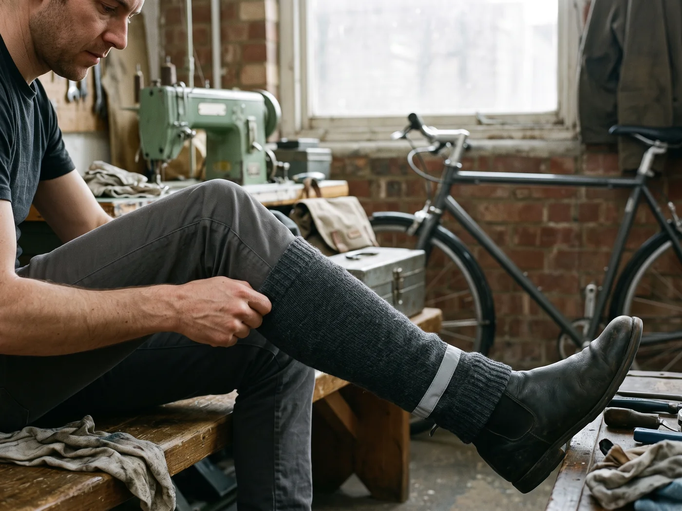 Custom commuter leg warmers matched to the trousers, with reflective at the lower cuff