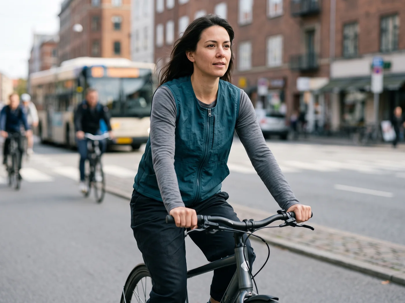 Custom commuter vest with a wind-blocking front, open back and optional water-resistant finish