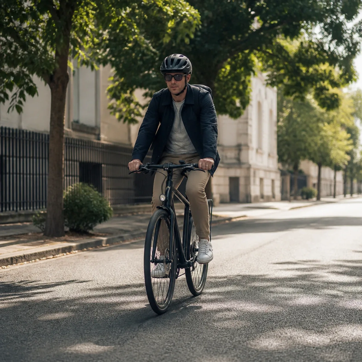 A commuter riding in city traffic on a working weekday