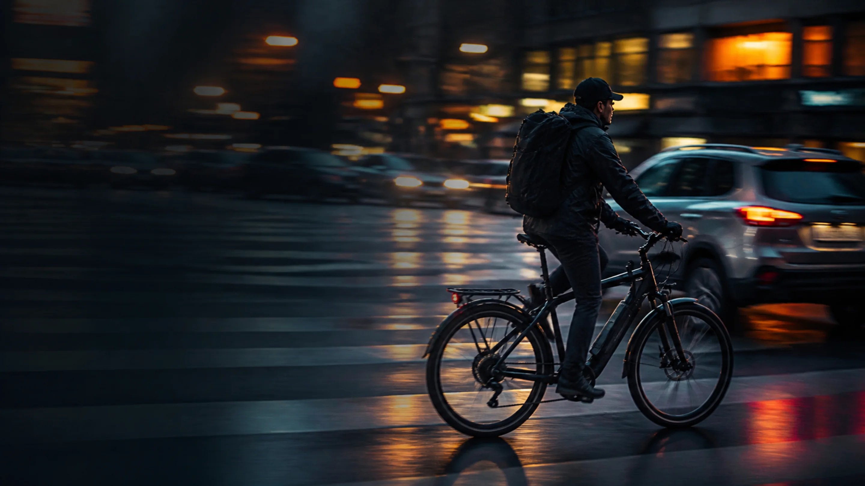 Commuter cyclist riding past traffic on a city street at dusk, motion blur