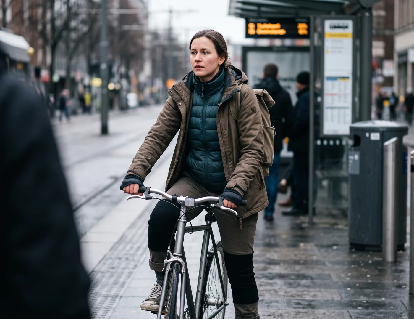 Layers worn together on a cold morning, the combination a commuter sets out in
