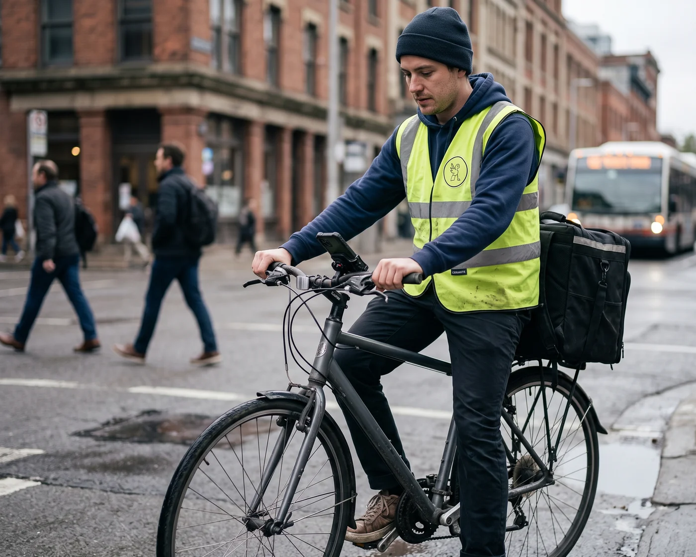 A rider in a delivered commuter vest at the start of a working day