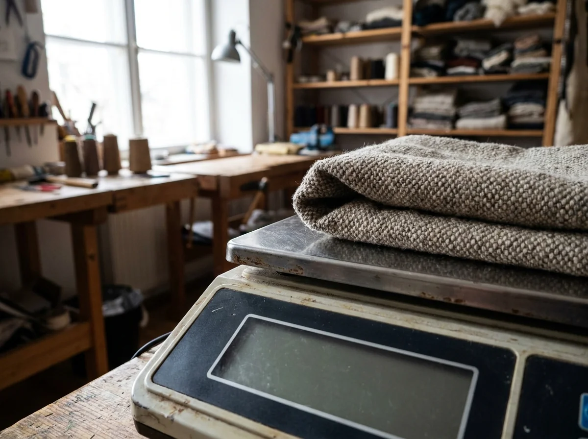 A digital scale used to check fabric weight
