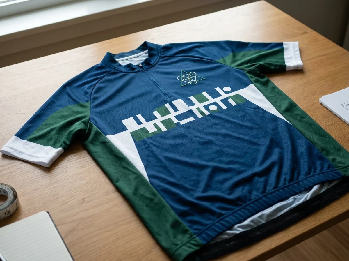 A cycling jersey laid flat