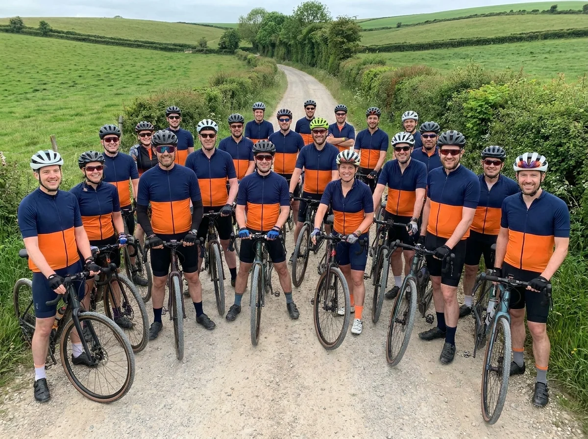 Company ride group in matching kit on a narrow lane before setting off