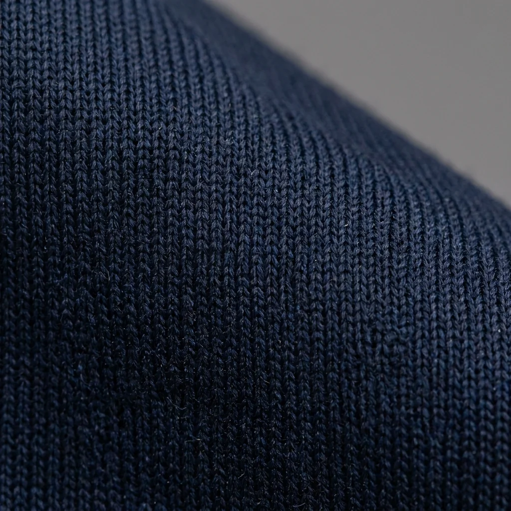 Dense navy knit swatch, tight loop structure