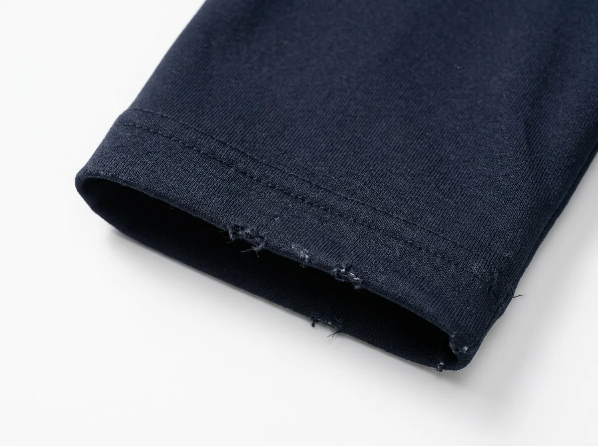 Cuff edge of a navy sleeve showing frayed yarns after repeated handling