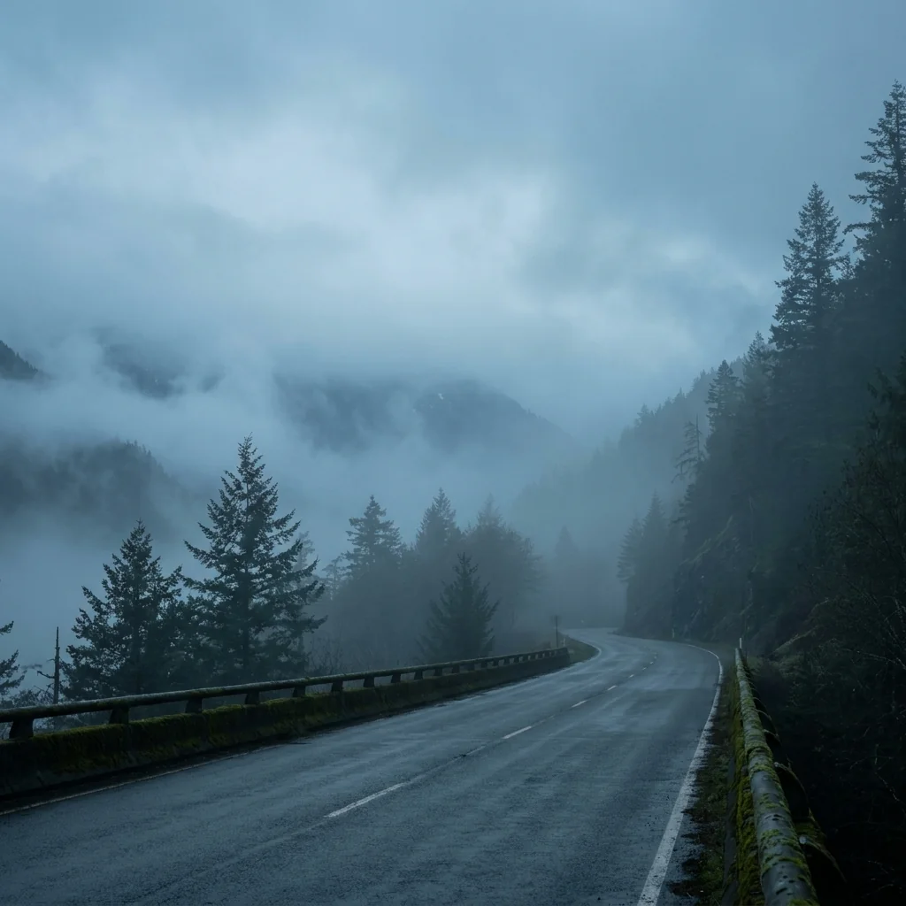 Cold mist sitting over a descending mountain road
