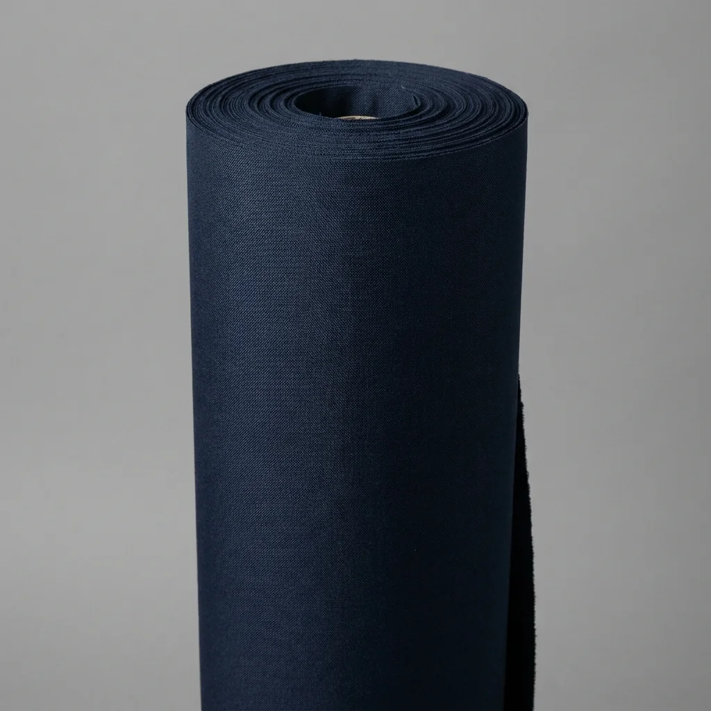 Roll of navy jersey fabric standing ready for cutting