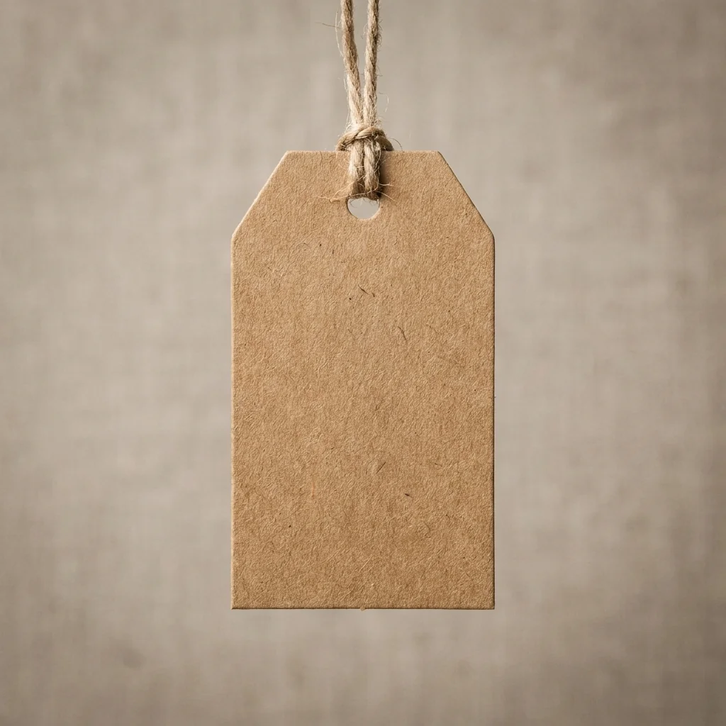Blank kraft hang tag on a plain background