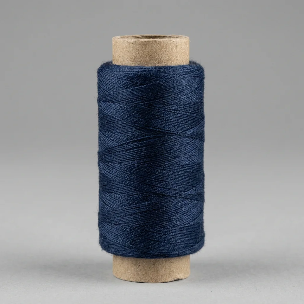 Spool of navy thread on a sampling bench