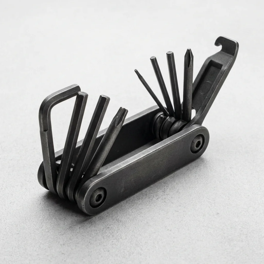 Folding multi-tool opened out on a plain surface