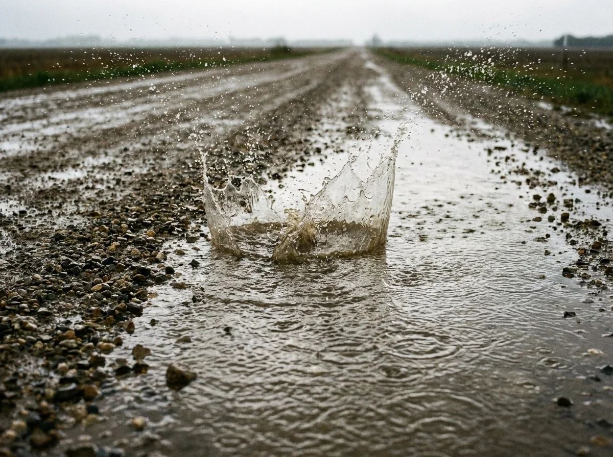Standing water and wet grit across a rutted gravel track