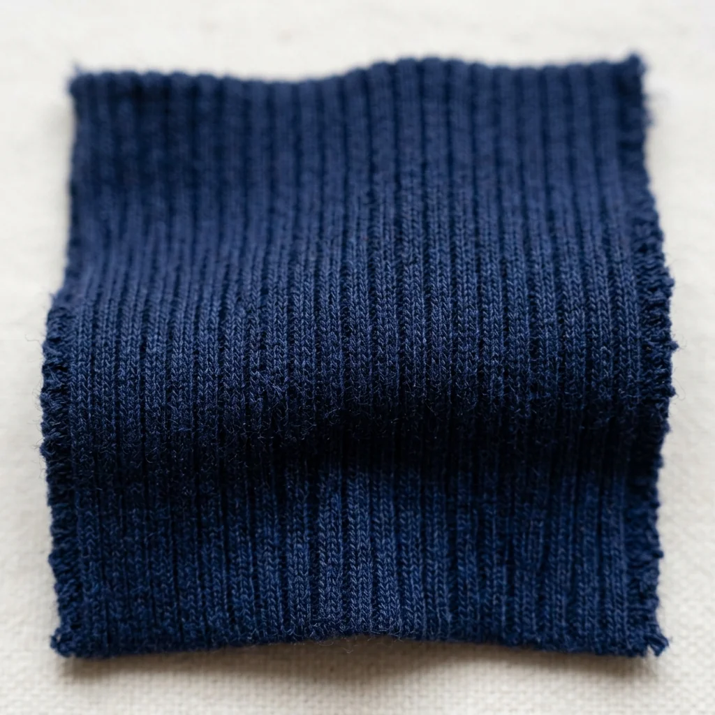 Ribbed navy knit relaxing back after being stretched