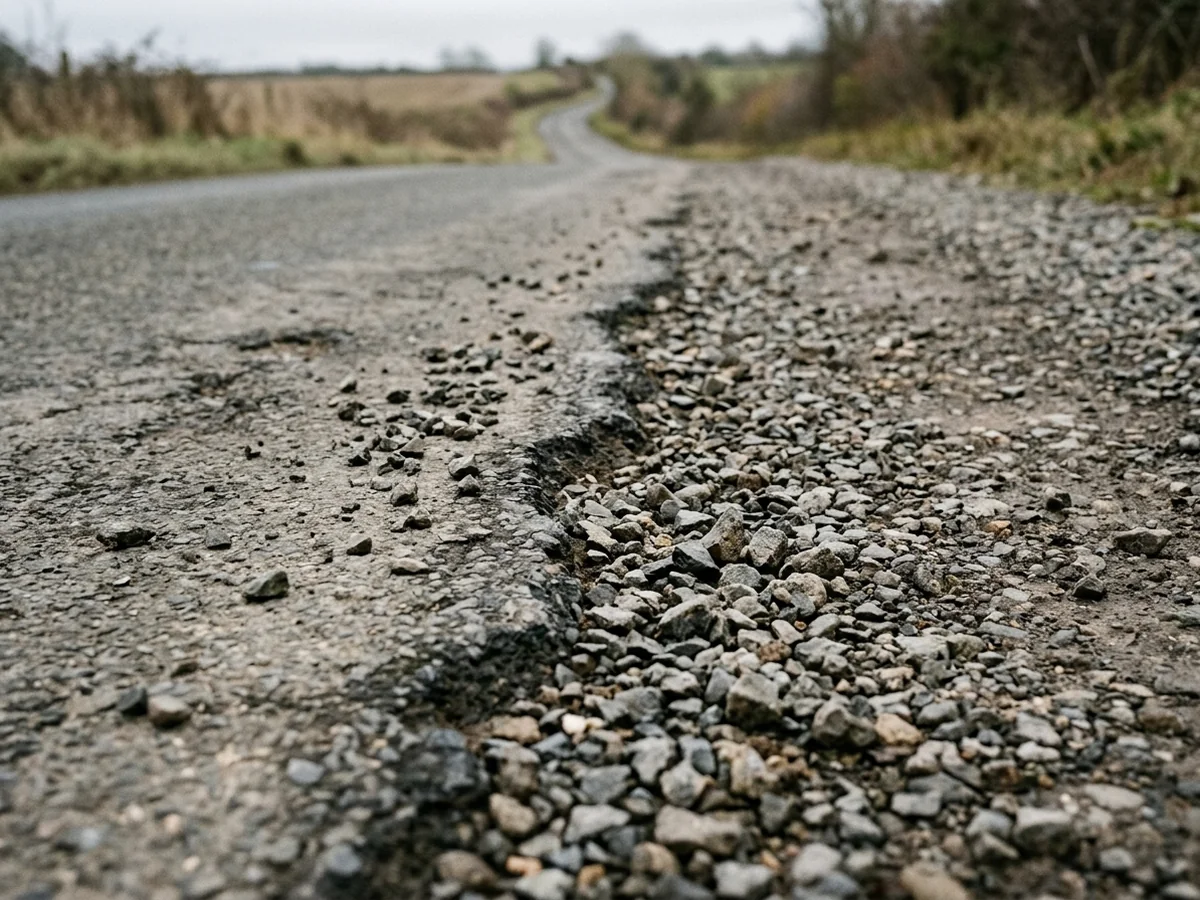 Low wheel-height view of a country road where sealed tarmac ends in a ragged line and loose gravel begins