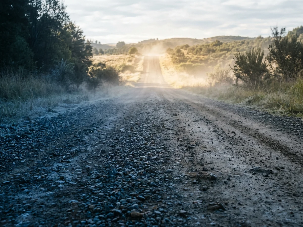 A gravel road running out of cold misty morning shade into bright warm sunlight on an open crest ahead