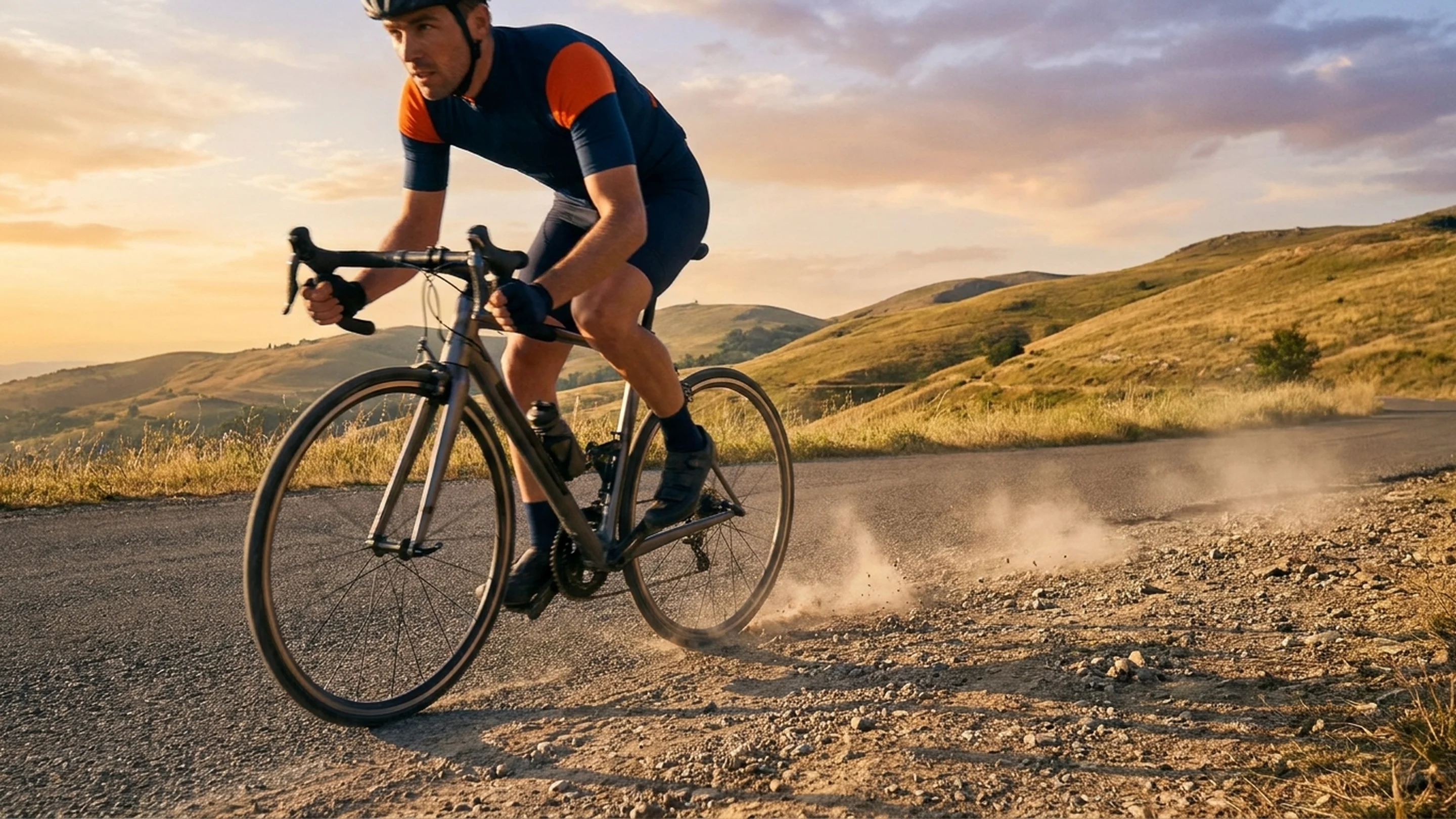 Gravel rider driving through loose stone at the edge of a sealed road