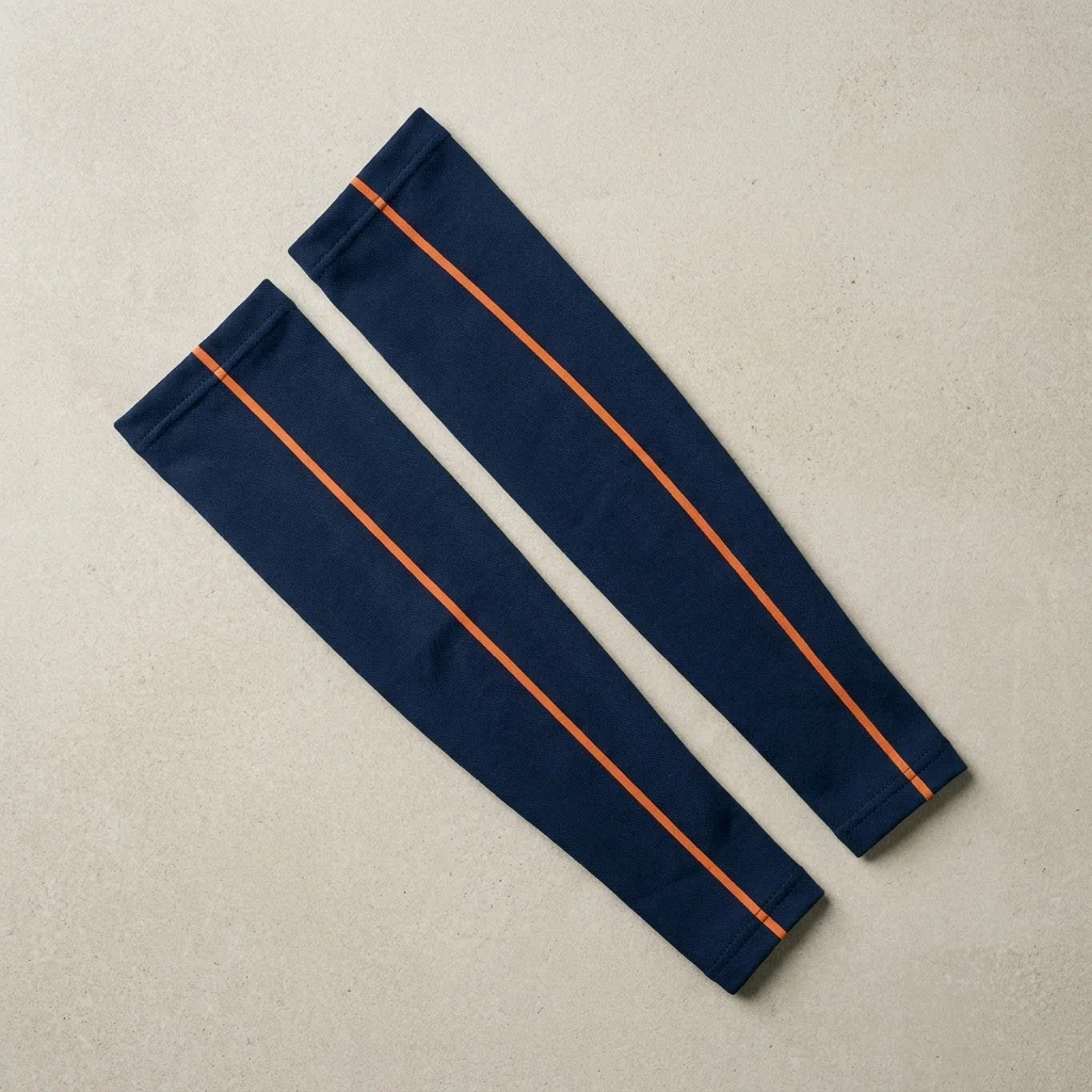 Pair of navy arm warmers with an orange stripe, laid flat