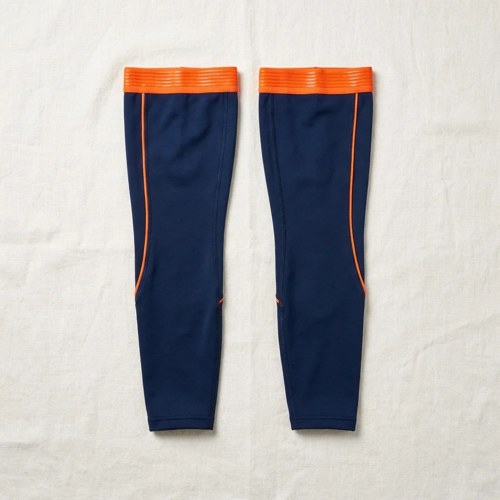 Pair of navy leg warmers with orange cuffs, laid flat