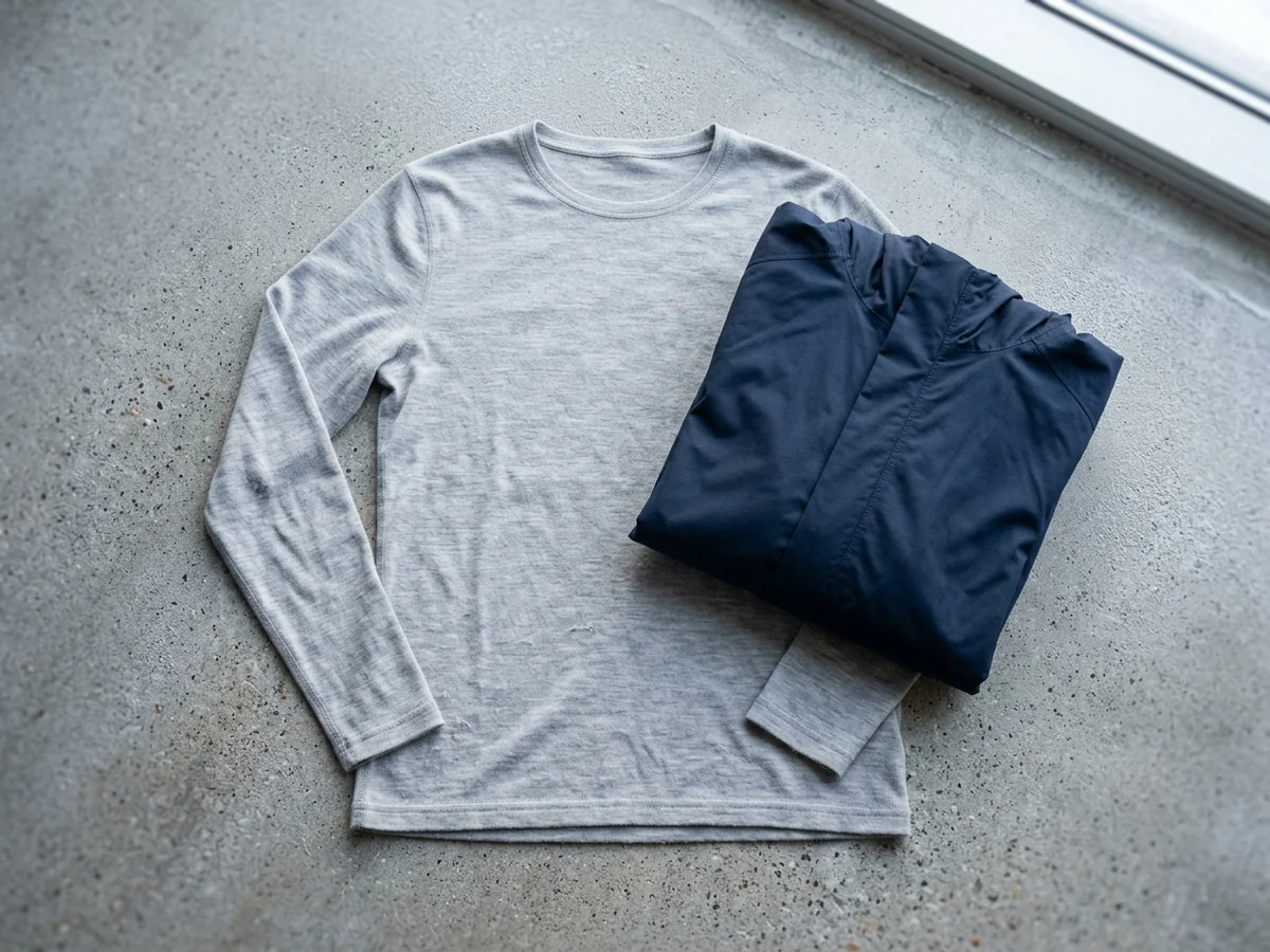 Flat lay on cold-toned concrete of a pale grey long-sleeve base layer with a navy lightweight outer layer folded on top of it